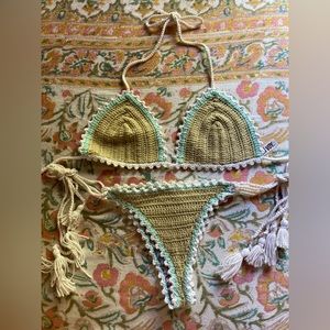 Handmade crochet bikini one of a kind sand/aqua/white